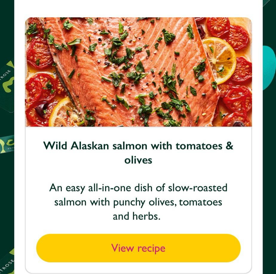 A screenshot of an image is a piece of salmon with a recipe titled ‘Wild Alaskan salmon with tomatoes and olives’ 
