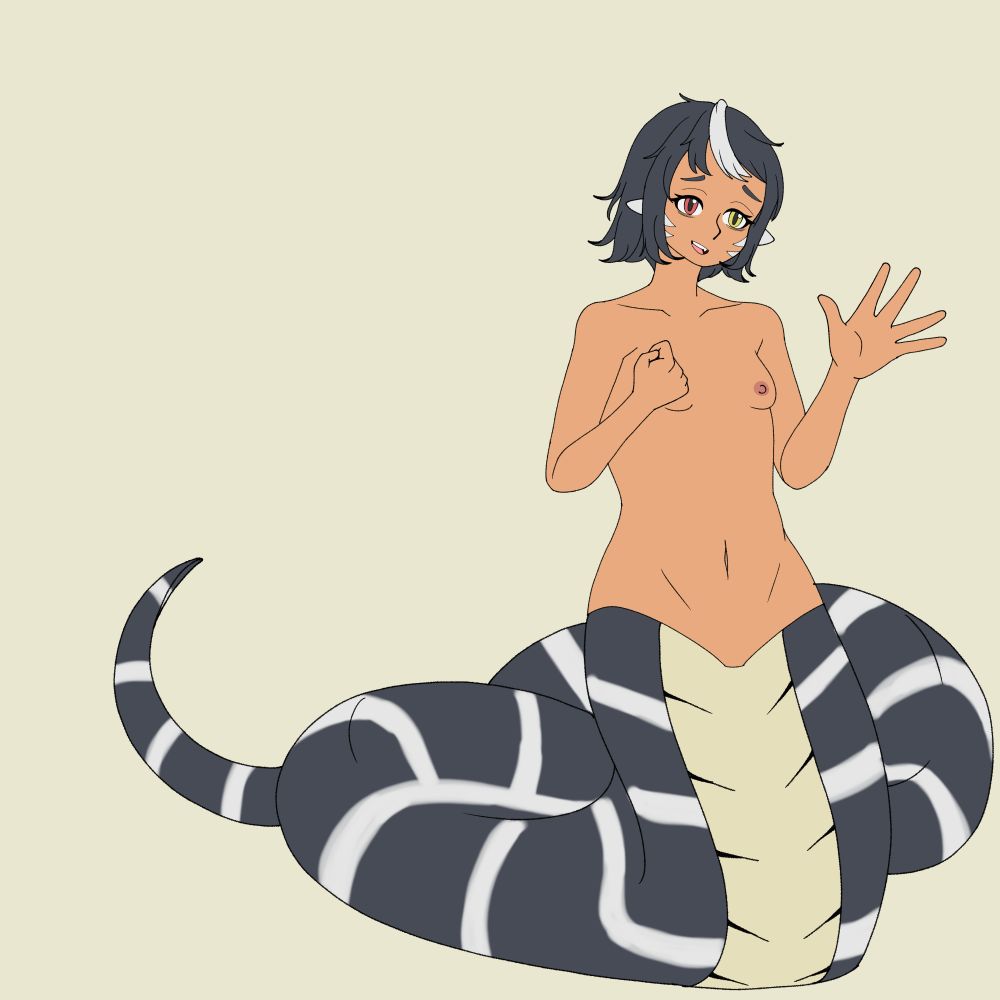 New OC. A lamia with a flat chest wearing no clothes. Short black messy hair with a white strip in her bangs. Her scale pattern is black with white stripes