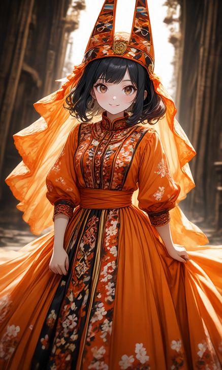 //ナミビア１
traditional long flowing dress, bright orange fabric with bold floral patterns in white and black, full-length skirt with soft volume, long sleeves with slight puff at the shoulders, fitted waist with wide wrap-style belt, matching structured headpiece made from the same patterned fabric, vibrant cultural fashion, 
