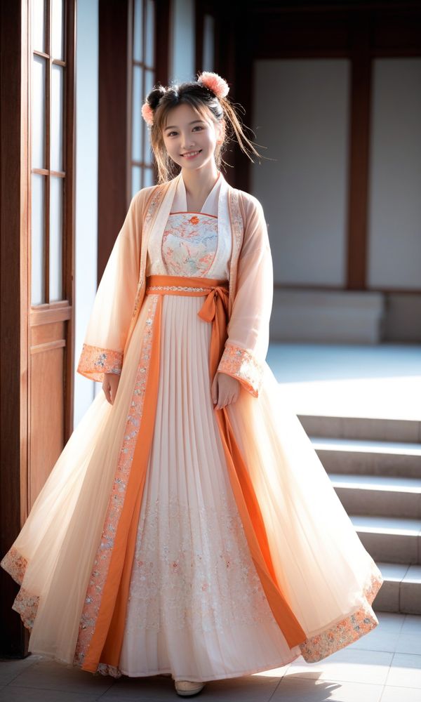 young women (ethnicity:East Asian, age:1.1),  wearing traditional Chinese Hanfu,  (detailed clothing:1.2), (accessories:1.1), (style:Hanfu, 1.2),   wearing elaborate, embroidered,  (detailed clothing:1.2) long gowns in muted shades of orange and light beige/cream, featuring a long, full skirt with pleated details.  The outfits have intricate embroidery patterns, (accessories:1.1),  (detailed clothing:1.2).  The garments are adorned with decorative details and ribbons,  The women have simple up-dos. The light is soft and diffused, creating a gentle atmosphere.  (color palette: warm tones), The clothing's textures and patterns are detailed,