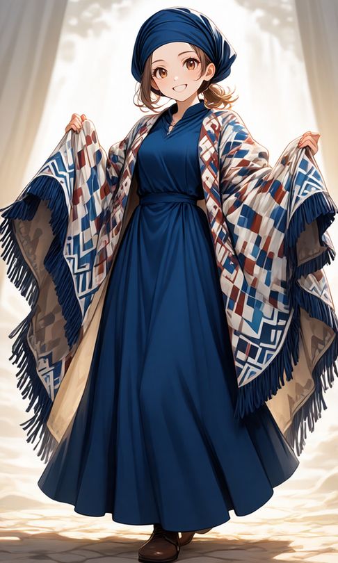 //ボツワナ
traditional outfit with a deep-blue dress reaching below the knees, simple smooth fabric, paired with a large geometric-patterned shawl draped over the shoulders. The shawl features a bold diamond gradient pattern in shades of white, blue, and indigo, with dark blue fringed edges. The person also wears a matching blue headwrap. soft flowing cloth, cultural textile design, 
