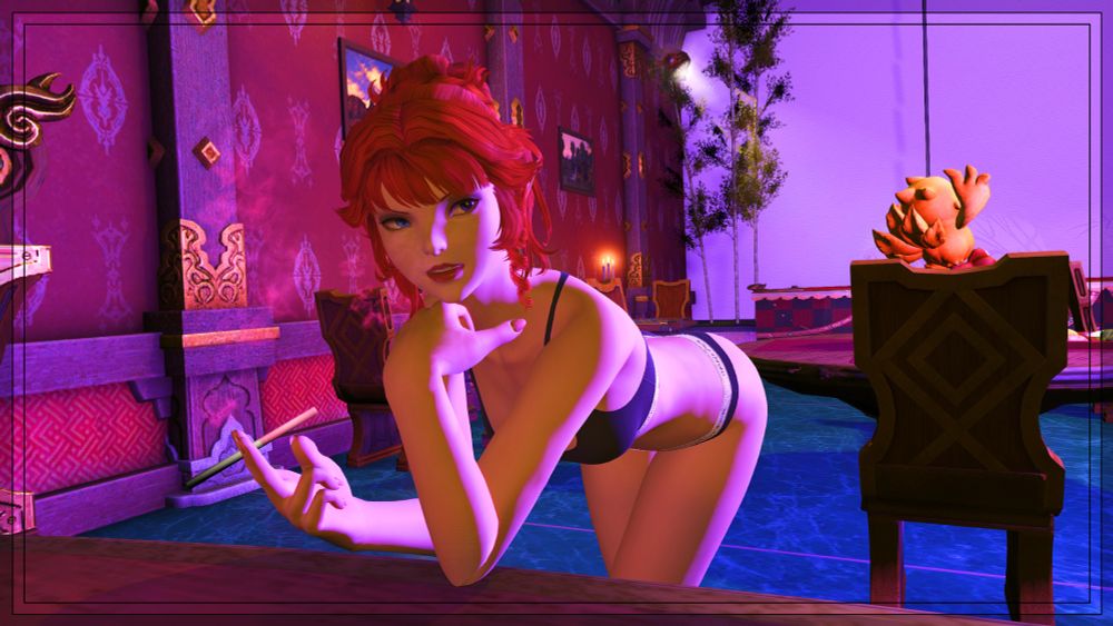 Ophelia leaning on a bar while smoking in her underwear. Picture taken from the front. 