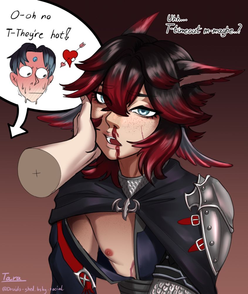 A drawing of a Miqote Warrior of light (WoL) Alhya Blahaj being caressed by Rue, a garlean. Alhya haas a nosebleed and a slight wardrobe malfunction, whilst Rue is trying to compose themselves thinking
"oh no, They're hot!"

Both Rue and Alhya use They/them!
