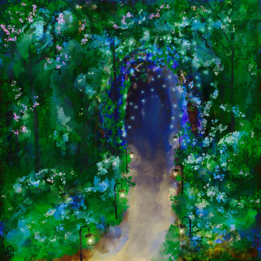 A path light by little lanterns leading through an arch in an enchanted forest. 