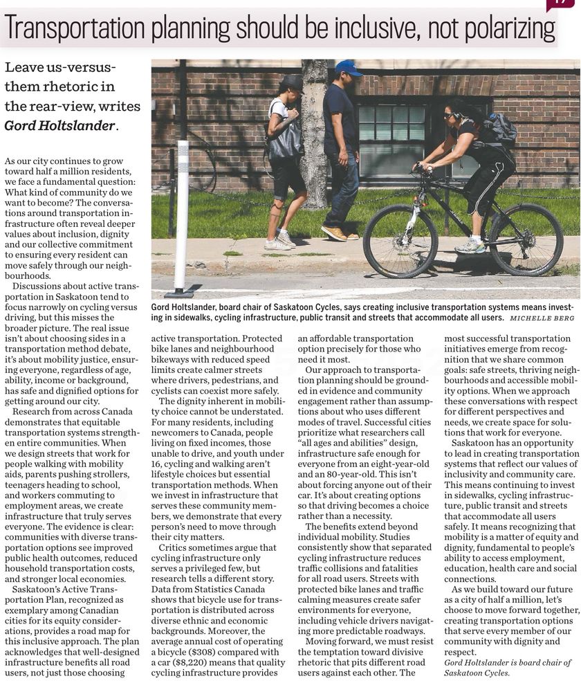 Saskatoon Star Phoenix 12 Aug 2025. by Gord Holtslander board chair of Saskatoon Cycles