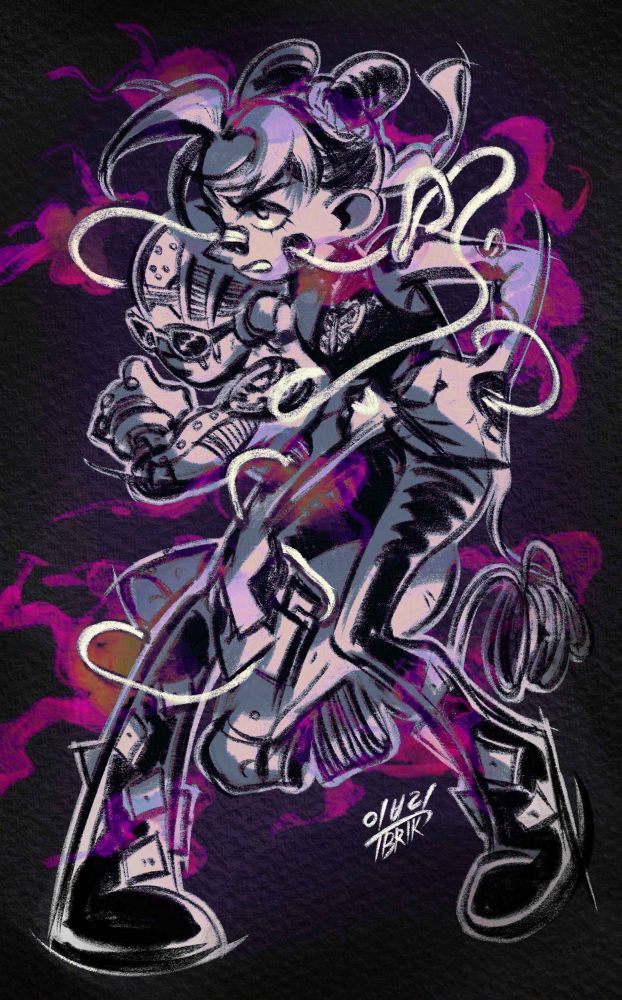 Jolyne is standing with her stand Stone Free is out, while flame and threads are floating around her silhouette (refernce from "sky high" episode of Stone Ocean)