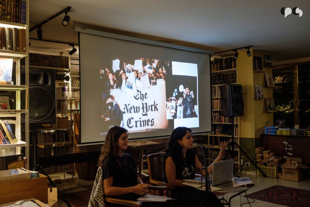 Members of the New York War Crimes collective speak at the Barzakh Bookshop. 
Photography: Rita Kabalan