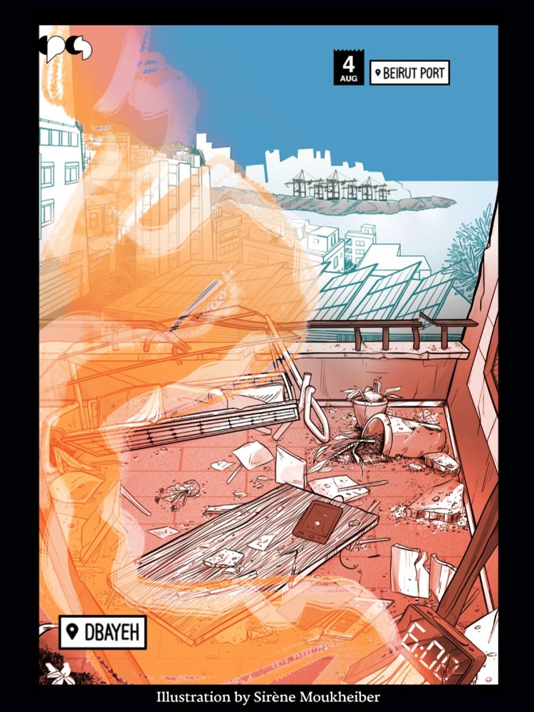 An illustration by artist Sirene Moukheiber depicting the Beirut port explosion of August 4, 2020. In the foreground is a destroyed balcony with outdoor furniture, plants, and a clock strewn around and broken. The clock appears frozen on 6:08 pm.