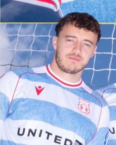 Ollie Rathbone, looking very serious, standing in front of the net of a goal, wearing the blue and white striped Wrexham AFC third kit.