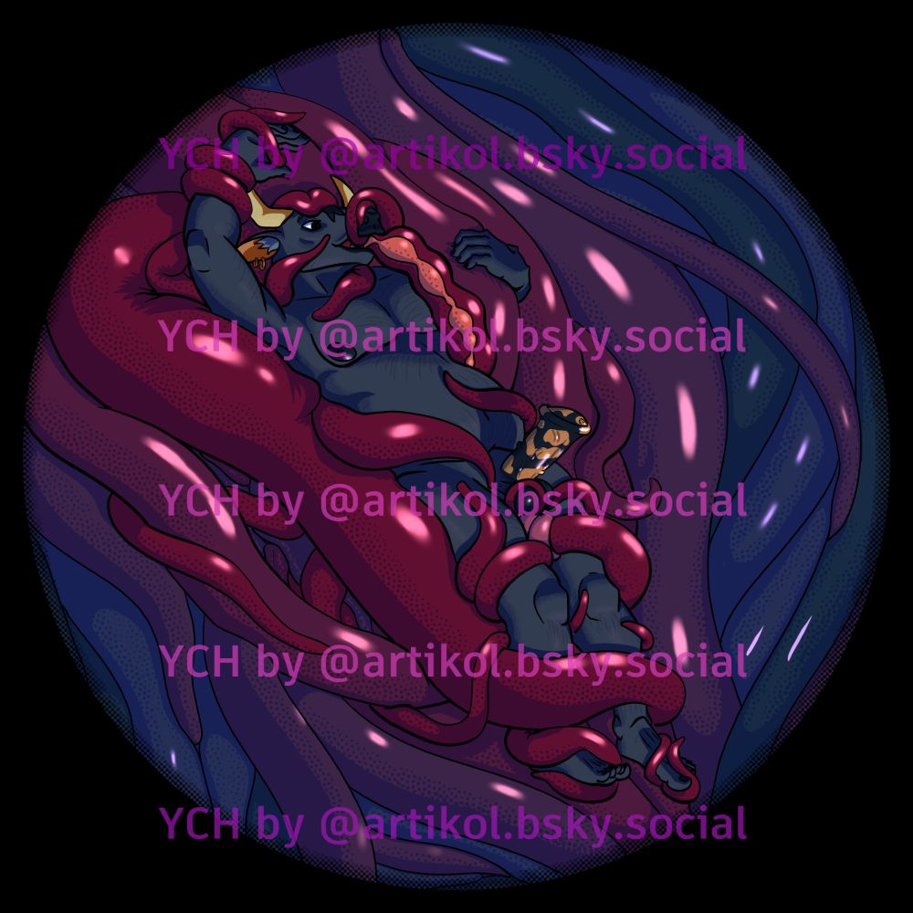 A blue cow anthro is restrained in a swarm of tentacles, some caressing them, some fucking them, some pumping a mysterious fluid into their mouth.