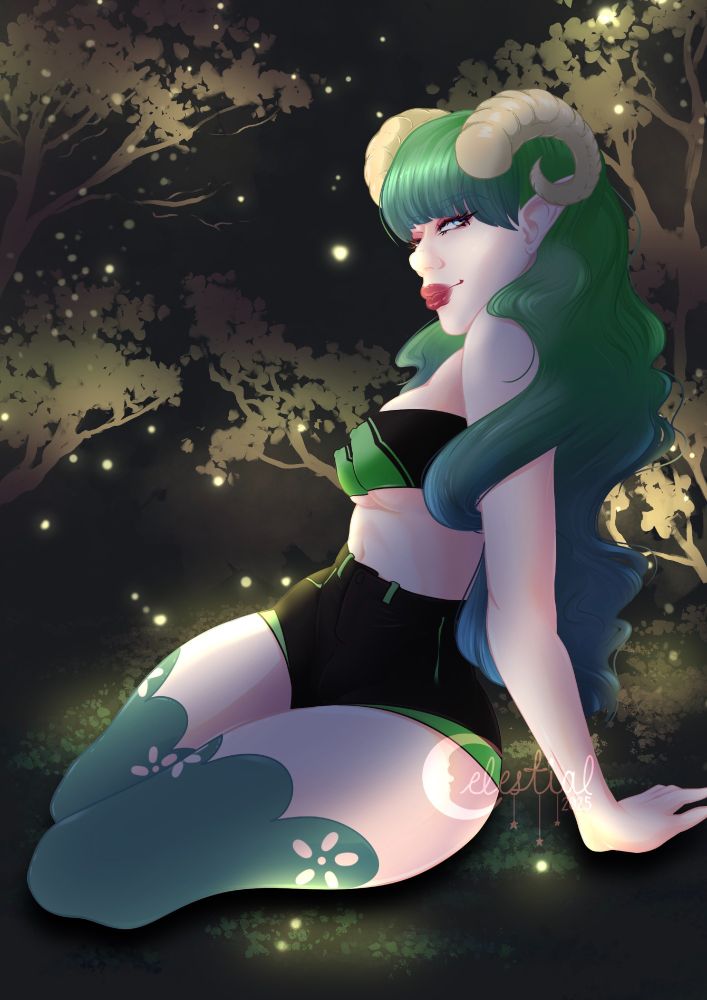 ram oc with green and blue hair sitting in a forest clearing surrounded by fireflies