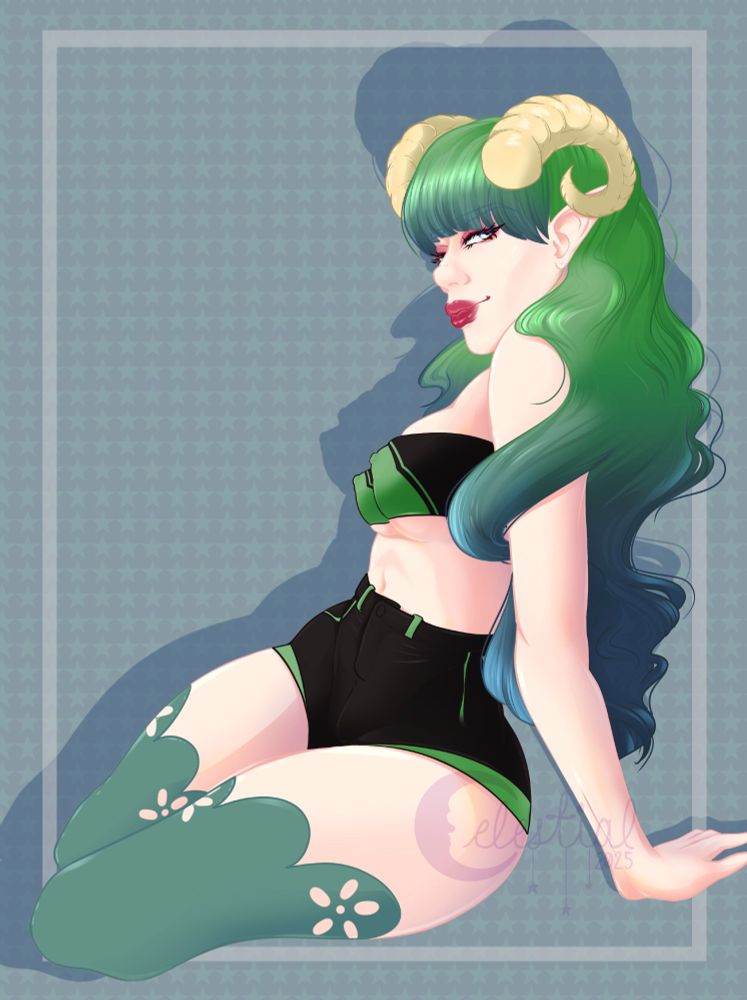 ram oc with green and blue hair sitting
