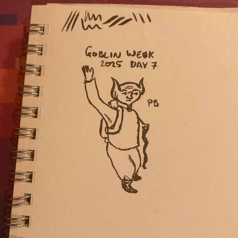 An ink sketch of a goblin with one hand raised as if to wave, and the other on a twisty walking stick; their body is half turned as if they are leaving
