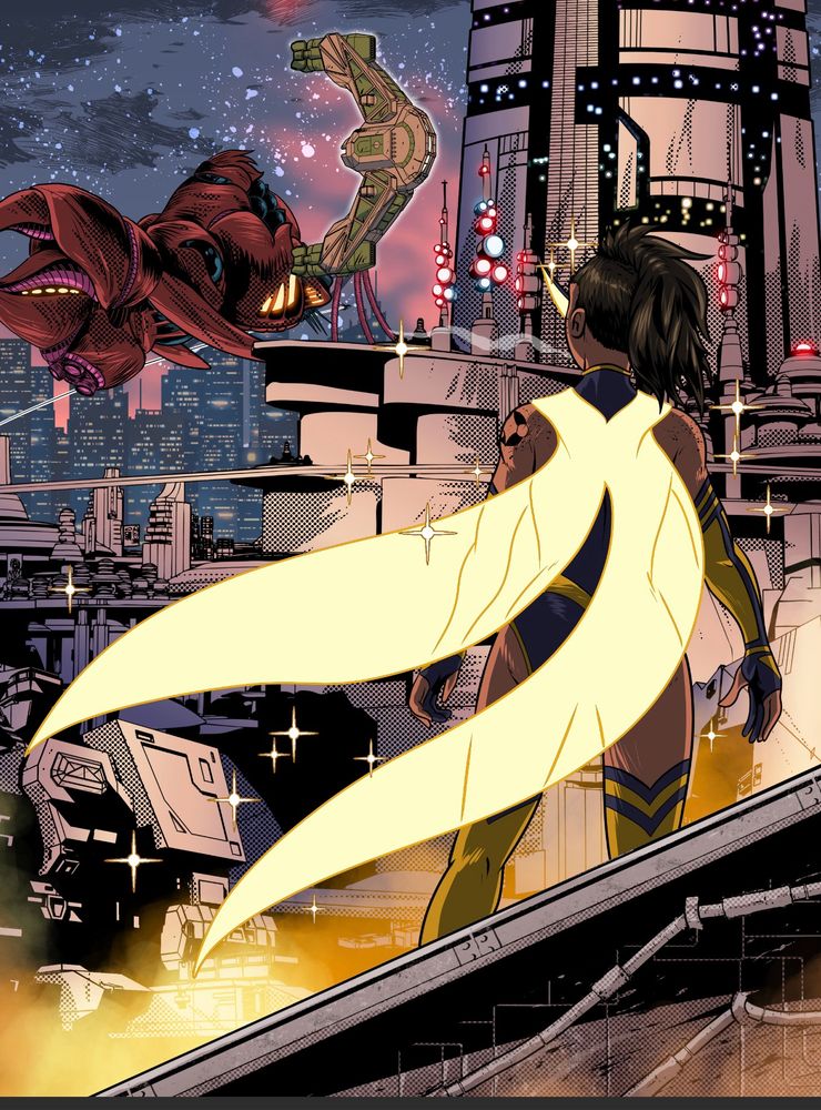 Stargazer’s Callie looking at a docked spaceship overlooking an alien city. 