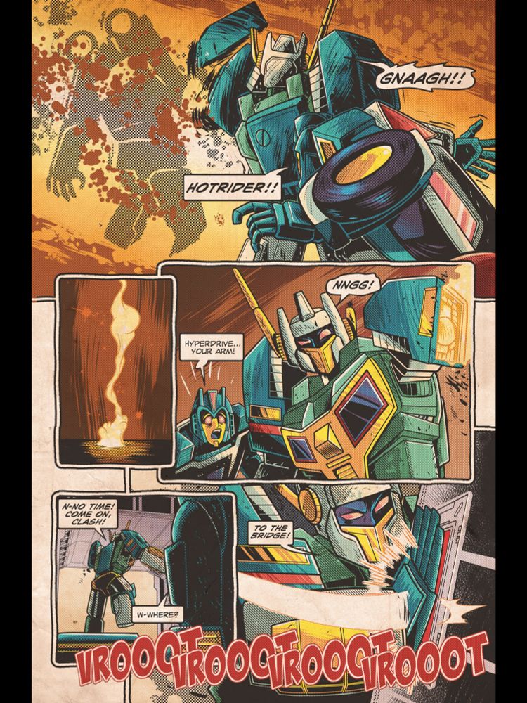 Hotrider (and Hyperdrive’s arm) is blasted away in a surge of energy. Hyperdrive then sounds the alarm .