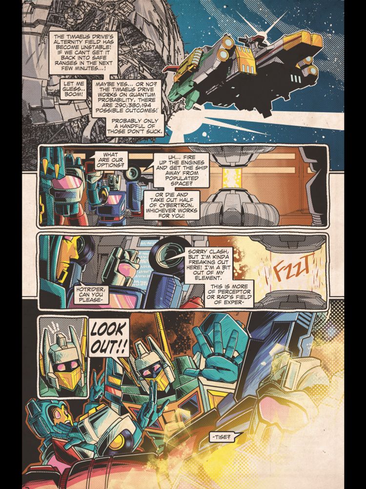 The powerful Timaeus Drive malfunctions, exploding in front of Hyperdrive, Clash and poor Hotrider.