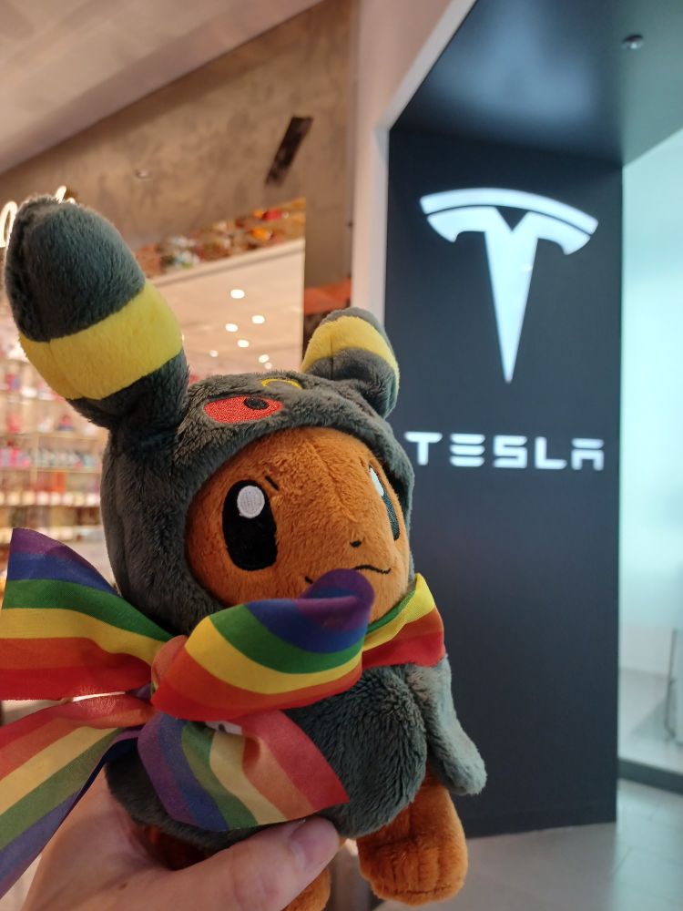 An Eevee plushie with a rainbow flag ribbon / bow in front of a Tesla shop