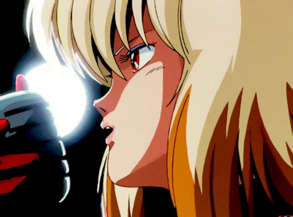 a close up of a blonde anime girl 's face with red eyes