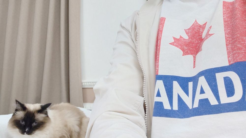 T shirt showing the Canadian flag with a cat sat to the side 