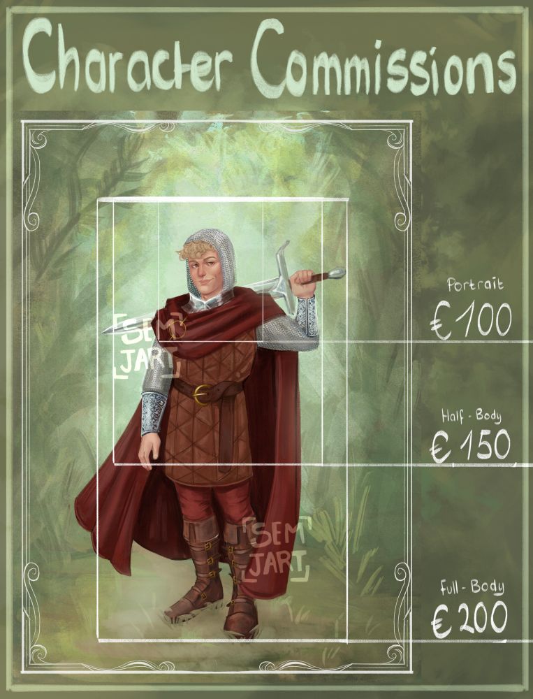 Promo image for my rendered character commissions:
Portrait = €100
Half body = €150
Full body= €200

Character art featured is the same character as the previous image. 