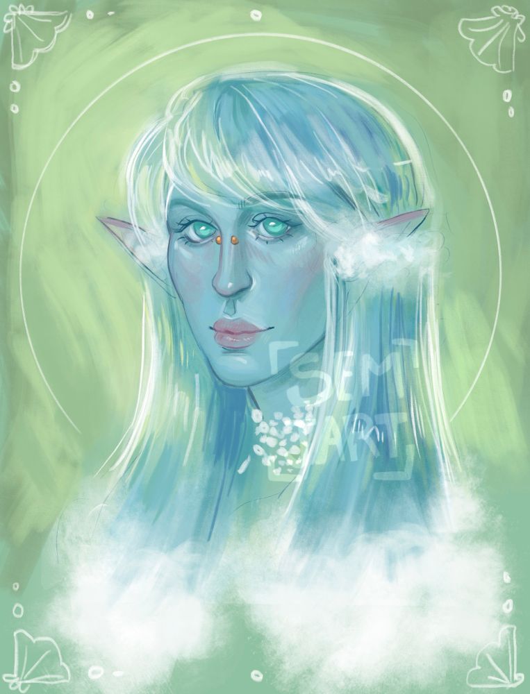 Digital portrait of a feminine water genasi Oc with flowing water hair. 
