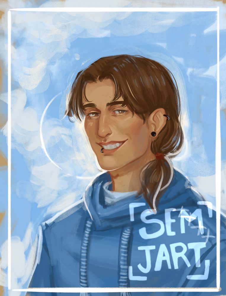 Digital painted sketch of Shanice’s OC Asmo, facing 3/4 smiling at you. He’s depicted against a blue sky with some clouds.

Asmo is a young adult man with tan skin, brown half long hair and brown eyes. He has his hair in a low ponytail. Asmo has a lower lip piercing and a cute snaggle tooth. He’s wearing a blue hoodie 