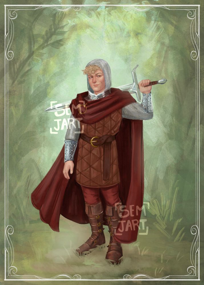 Full body digital portrait of a masculine character with leather armor, chainmail and a cape. 