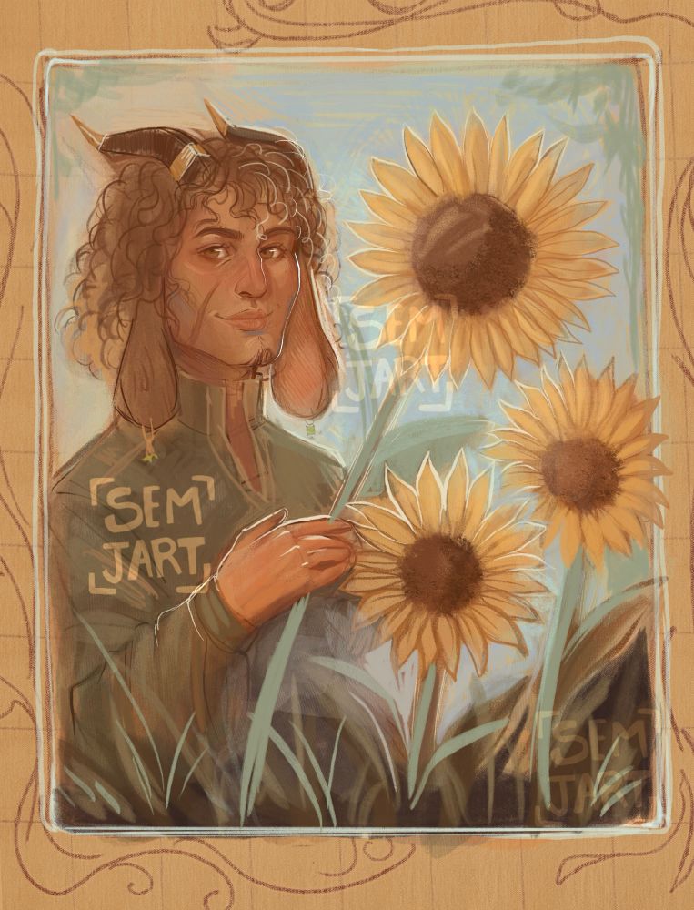Digital colored sketch of a masculine satyr OC surrounded by sunflowers