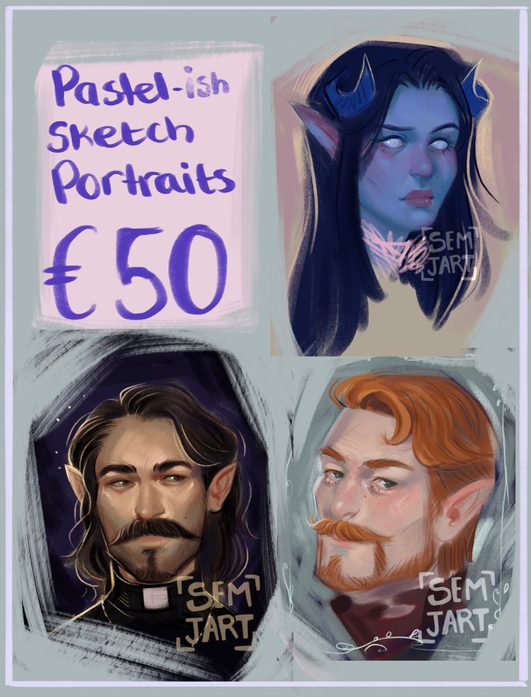 Promo image for sketch portraits. 50EUR. Features 3 pastel (ish) portraits as examples.