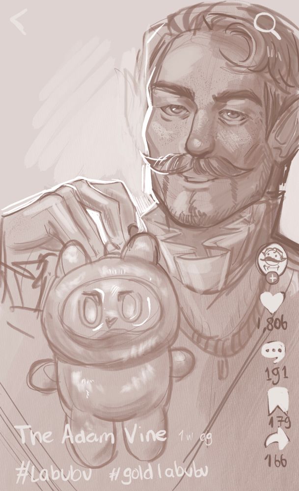 Beige / grey sketch of my OC Adam holding up the one and only 24 karat gold labubu
