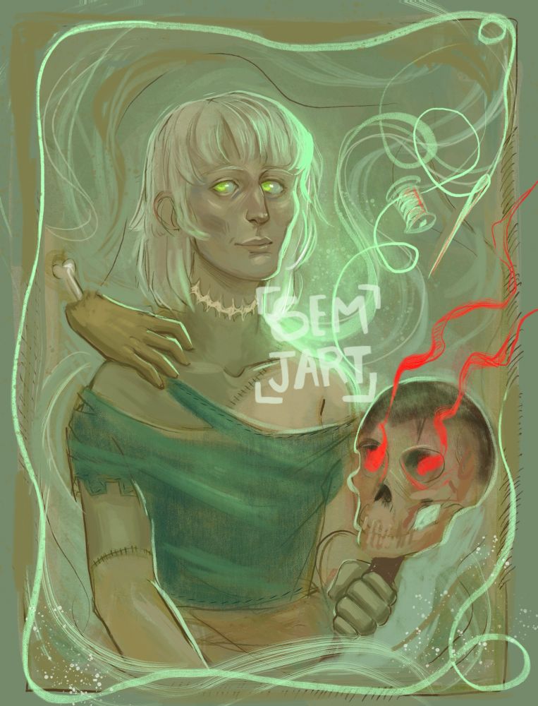 Digital Green toned half body sketch of an androgynous Frankenstein like character (Frankenstein but non binary twink?) with white hair which is cut to an uneven bob (with uneven layers). Patch has big green eyes looking right at you. He’s holding a stick with a skull on top which has red flames coming from its eyes. They also have a disembodied hand on their shoulder. The sketch is framed by a glowing thread and needle.