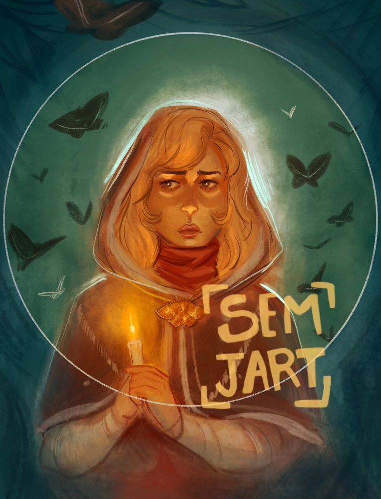 Digital Colored sketch of a feminine character with pale skin, light blonde hair and brown eyes. She’s wearing a hooded cape, which is brown. She has bandages around her arms. She’s depicted against a greenish toned night sky, and has moths flying around her. She’s holding a candle which is casting a warm light on her face from below. The the moon is right behind her and causing a rim light around her. There’s also a thin circle around her face and hands. 