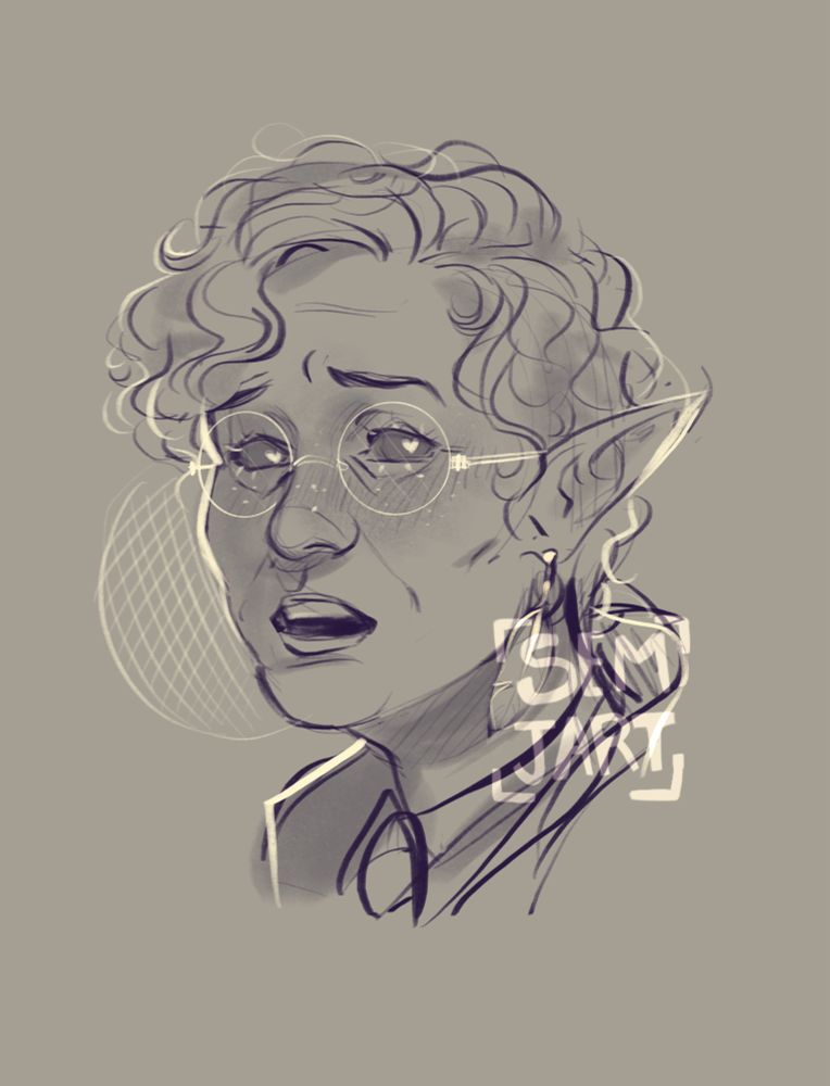 Sketchy portrait of a middle aged masculine character with short curly hair, long pointy ears and round glasses. He’s looking shocked at the camera with tiny hearts in their eyes.