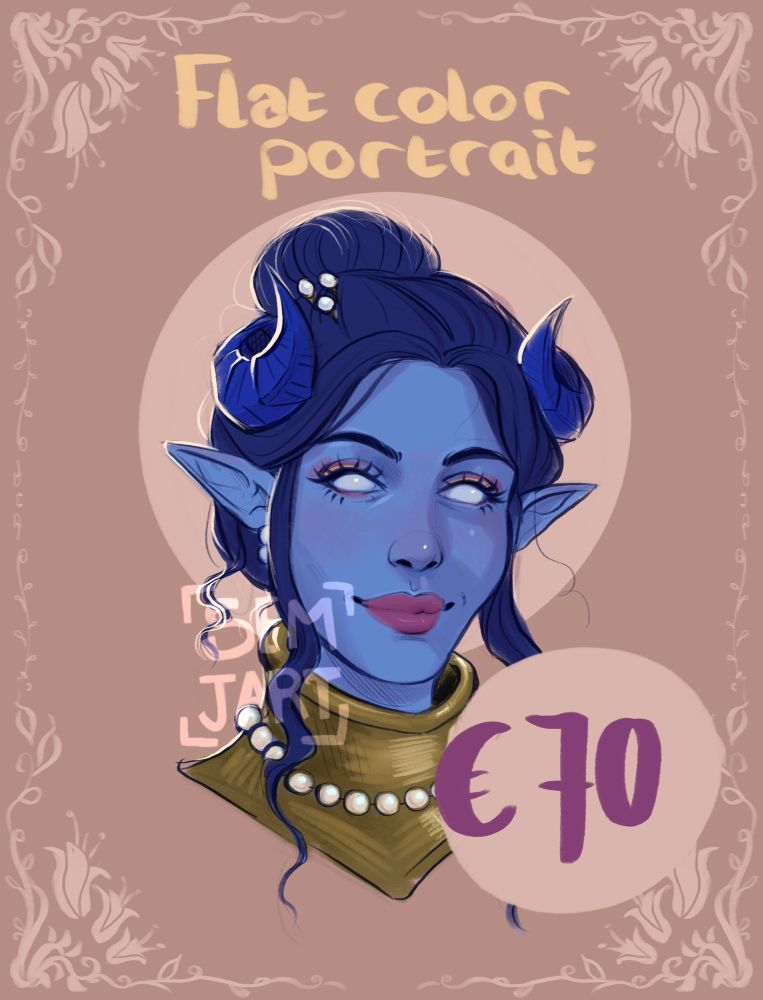 Promo image for flat color lined portraits: 70EUR.

Brief description:
Digital lined portrait of my blue tiefling OC Ellie. She’s a feminine tiefling with light blue skin and dark blue skin, this time depicted in a bun. She’s wearing gold armor with a pearl necklace on top. 