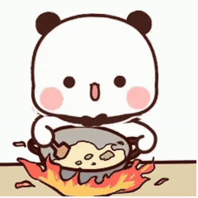 a cartoon panda bear is cooking in a pot on a stove .