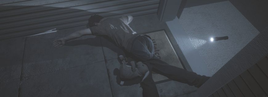 A dead body in Phasmophobia, passed out at the front door of a house.