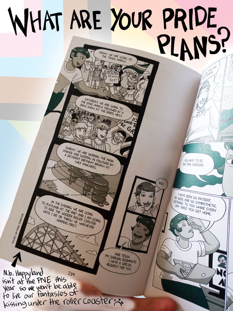 Image of a page from IHYIHS detailing the characters' pride weekend plans.
Text: What are your pride plans? N.b. Happyland isn't at the PNE this year so we won't be able to live our fantasies of kissing under the roller coaster :'(