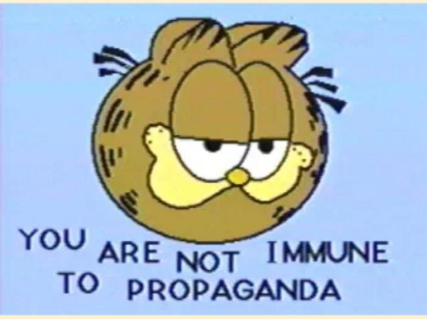 Garfield's head on a blue background with the text below: "YOU ARE NOT IMMUNE TO PROPAGANDA"