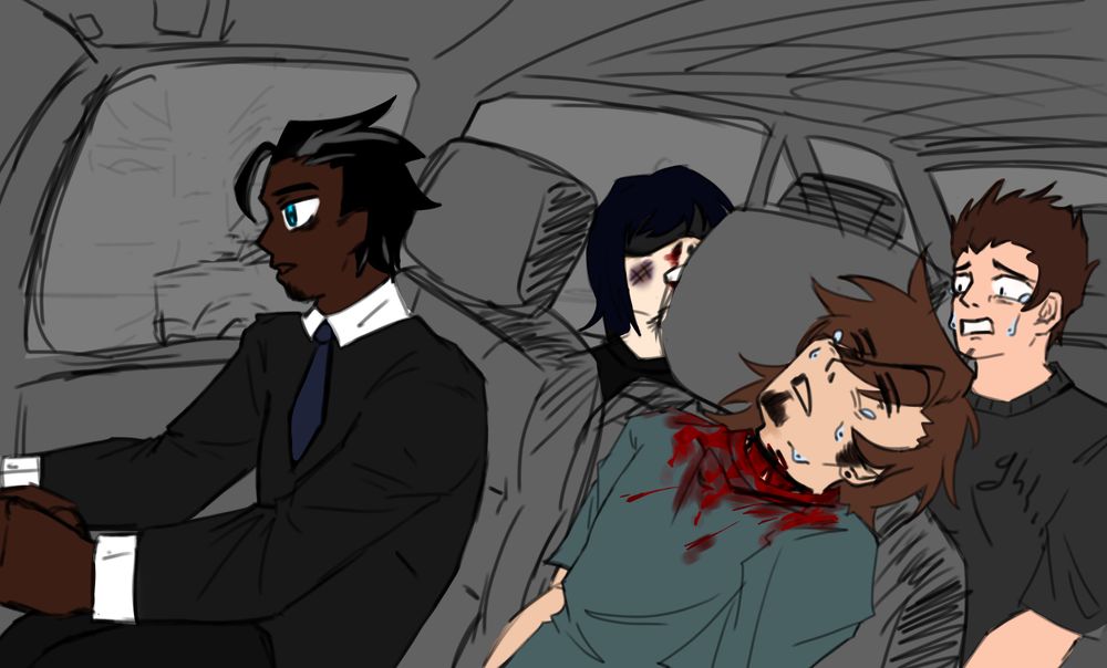 Jonathan drives Austin to the hospital while Henry lays unconciousin the backseat with Mike- who is panicing at the gory scene(Mike knocked Henry unconscious)