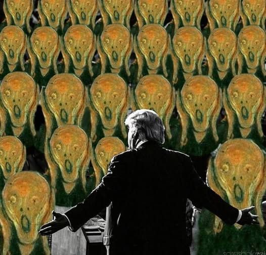 Picture of screaming people from a famous Munch painting being addressed by Trump.