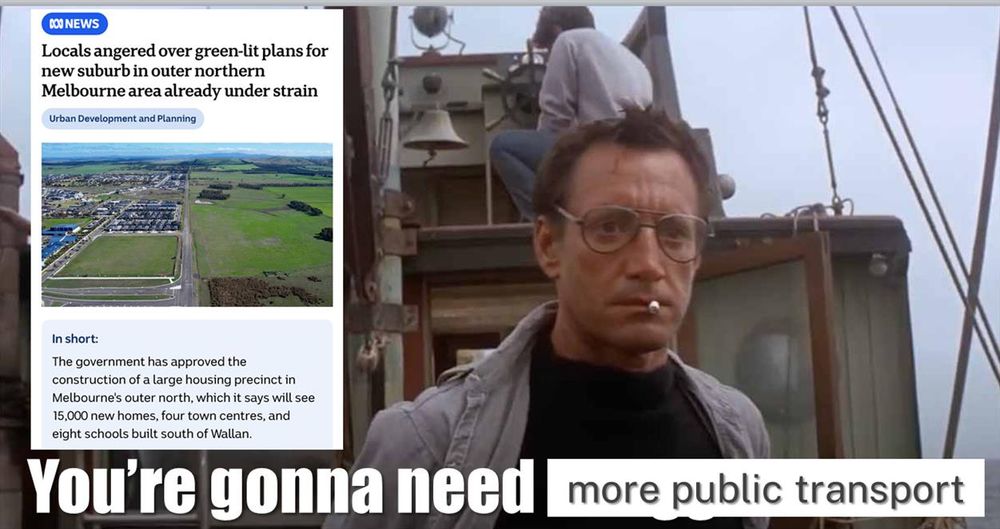 ABC News article about a new suburb approved in Melbourne's north. Image from Jaws: "You're gonna need more public transport".