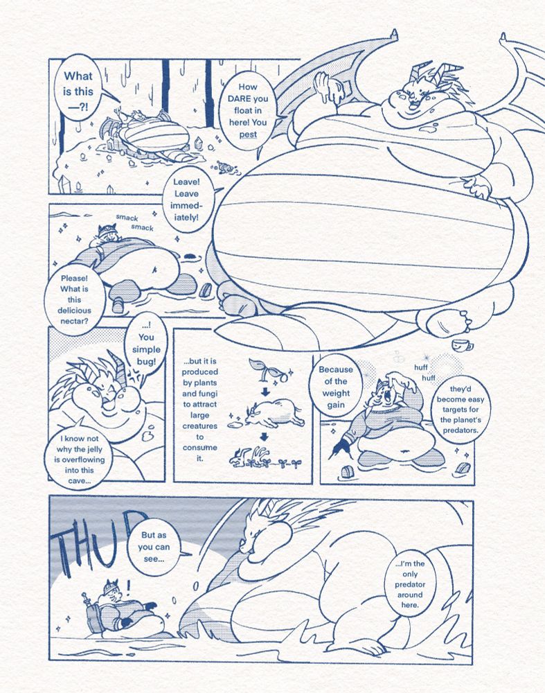 Comic. Kaela floats through golden, jelly-like ooze in a glowing cave and discovers a massive, furious dragon. The dragon explains that the ooze is made by plants and fungi to lure large creatures, making them easy prey for the planet’s predators. The dragon then lunges forward and attacks Kaela.