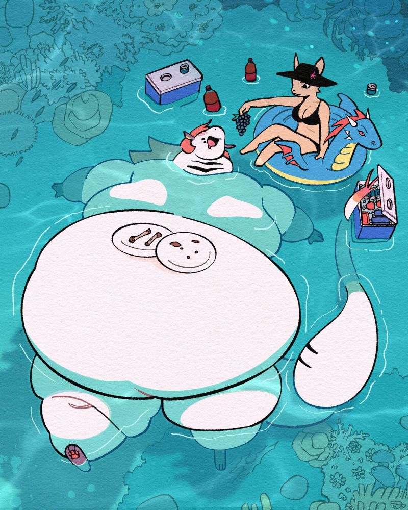 The dragon Poppy lies on her back in the ocean while Empress Sasha, riding a cute dragon floatie, feeds her grapes