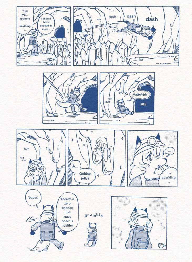 Comic: Kaela, hungry and tired, crosses a ravine filled with sharp crystals. She collapses on the other side, eyeing golden jelly oozing from a cave wall. “Nope! Zero chance that cave ooze is healthy,” she says - but her growling stomach suggests otherwise.