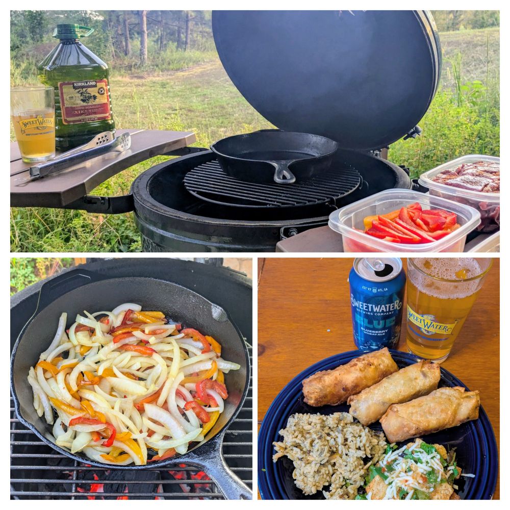 top: getting ready to cook on a Big Green Egg charcoal grill - peppers, onions, and steak on the right shelf (foreground), and cooking utensils, olive oil, and beer on the left shelf (background). A cast iron skillet is heating on the grill (center).

bottom left: cast iron skillet with orange and red bell peppers, and Vidalia onion cooking on a charcoal grill.

bottom right: dark blue plate with finished Philly cheesesteak egg rolls, herb seasoned rice, and salad. a glass of Sweetwater Blue blueberry wheat ale is next to the plate.