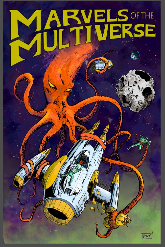 A color illustration of a spaceship being attacked by a giant squid in space next to a giant asteroid.