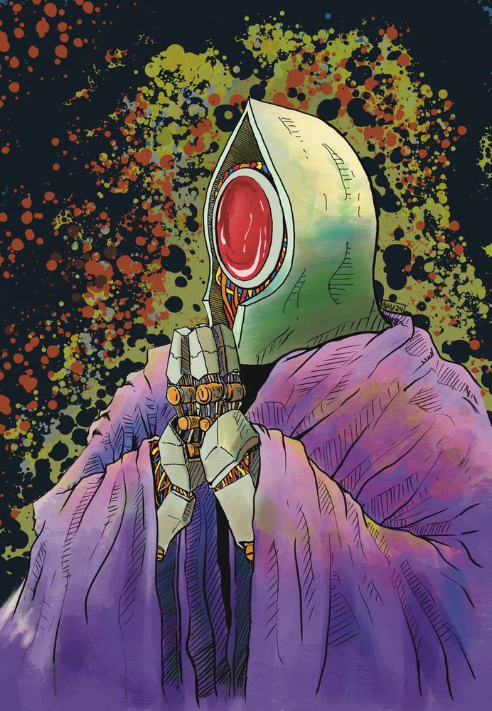 Color illustration of a futuristic robot priest