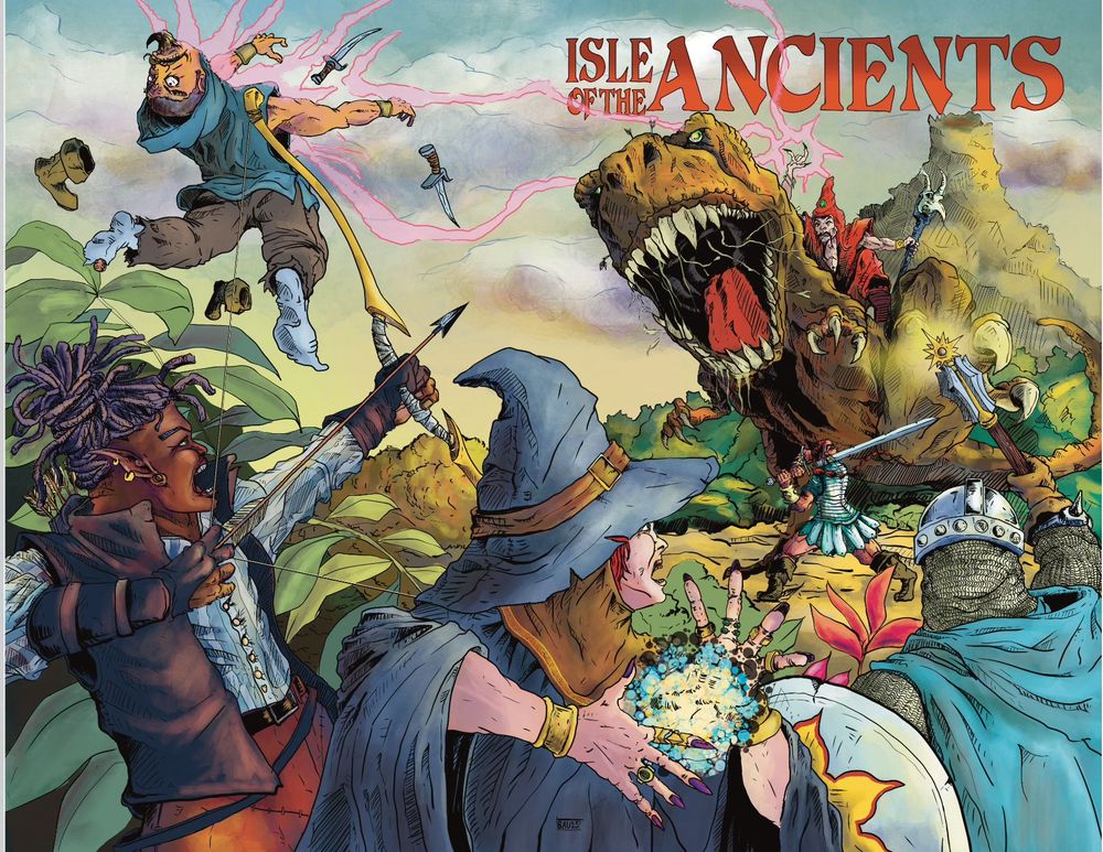 a scene of battle on a volcano tropical idland w various fantasy rpg party fights a wozard on a t-rex