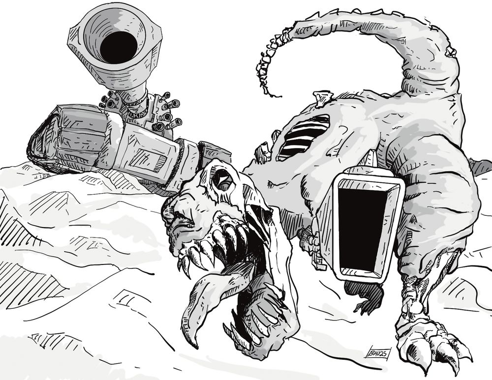 a black and white drawing of a zombie t-rex and a futuristic tank