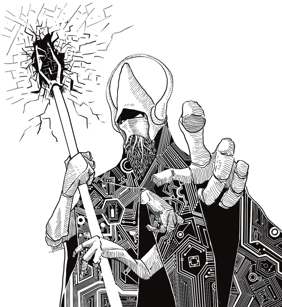 a black and white illustration of a technocyber priest w crackling energy